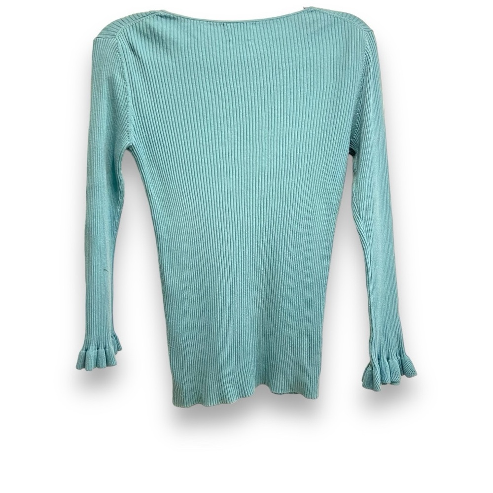 Mossimo Dutti Blue Silk Cotton Ruffle Ribbed Sweater - Picture 2 of 3